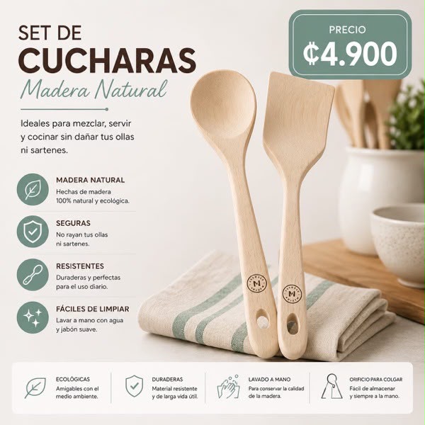 SET DE UTENSILIOS DE MADERA NATURAL